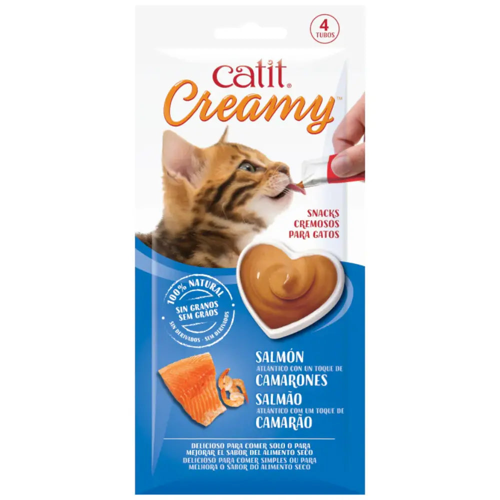 Catit Snack Gatos Creamy Liquido Salmón/Gambas 4X10 g al mejor precio -todoastorenimal.com
