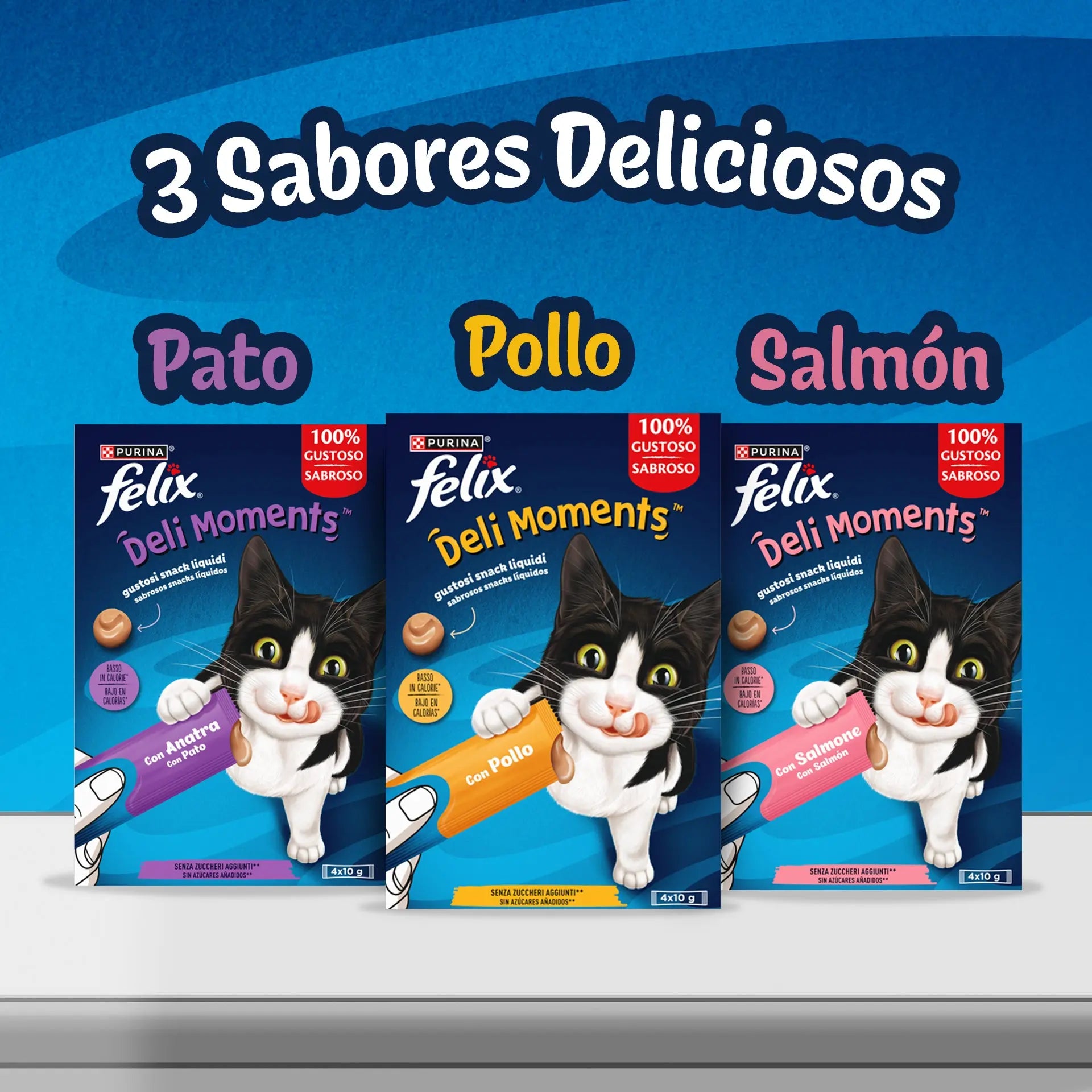 Felix Deli Moments Pack 4x10 g - Snack Líquido para Gatos | Pollo, Salmón o Pato al mejor precio -todoastorenimal.com