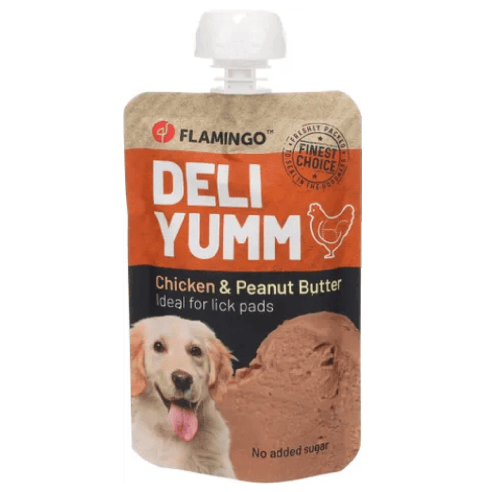 Flamingo Deli Yumm Paté Pollo y Mantequilla de Cacahuetes Snack Líquido para Perros al mejor precio -todoastorenimal.com