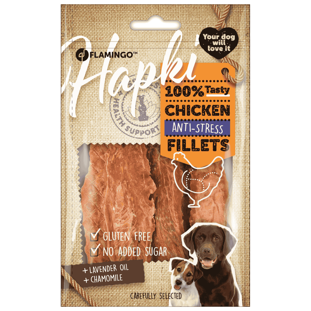Flamingo Hapki Filetes de Pollo Relajantes Snack Antiestrés para Perros al mejor precio -todoastorenimal.com