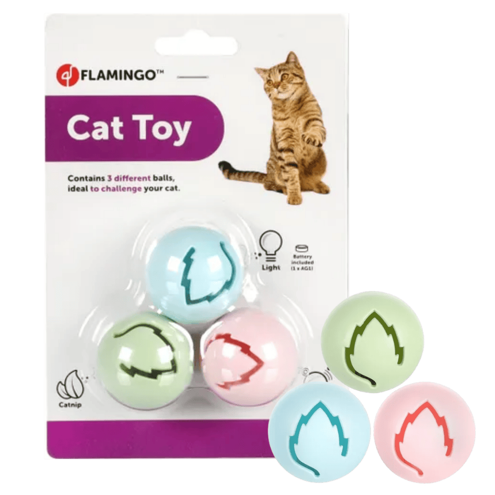 Flamingo Juguete Electrónico Iris para Gatos - Pack 3 Pelotas con Luces, Sonidos y Catnip - Incluye Pilas al mejor precio -todoastorenimal.com