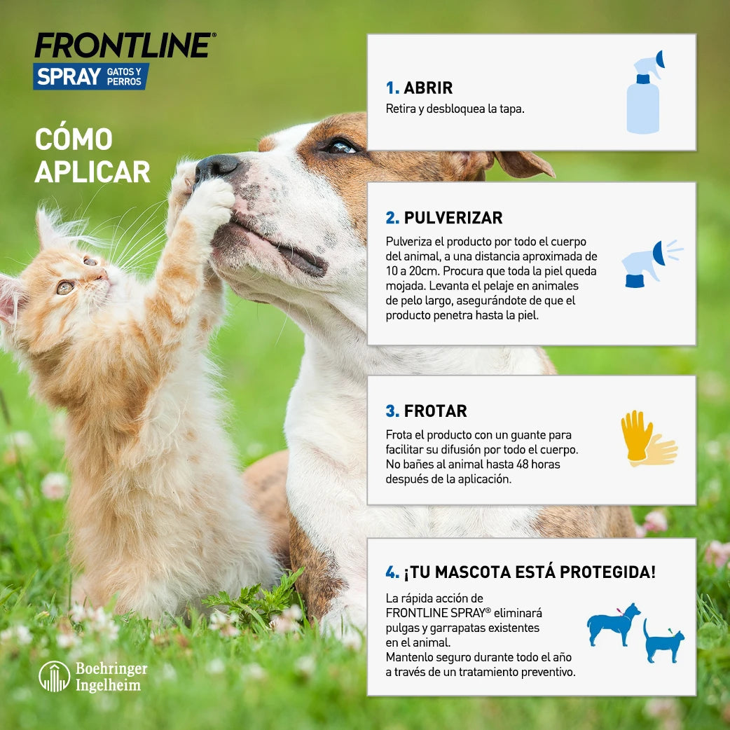 Frontline Spray Antiparasitario para Perros y Gatos | Elimina Pulgas, Garrapatas y Piojos al mejor precio -todoastorenimal.com