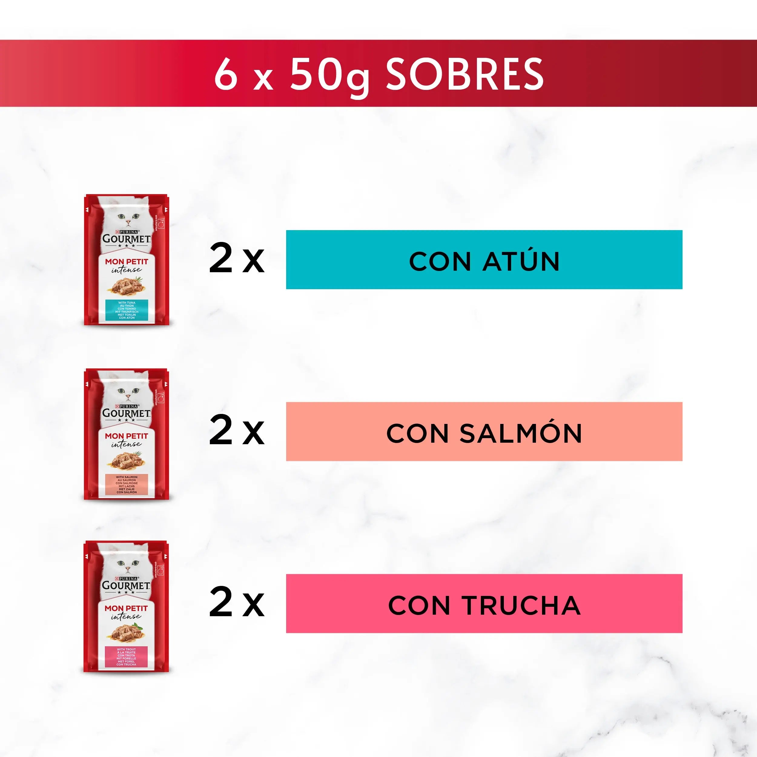 Gourmet Mon Petit Atún, Salmón y Trucha Pack 6x50 g al mejor precio -todoastorenimal.com