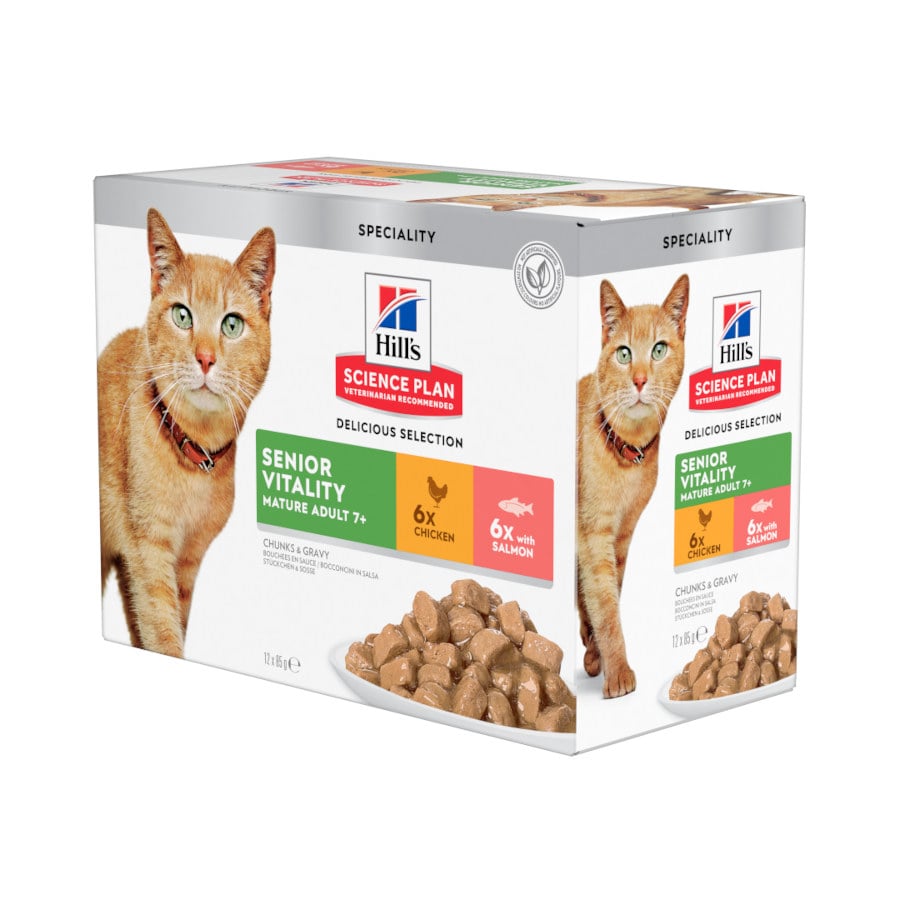 Hill's Science Plan Senior Vitality Pollo y Salmón 85 g Pack 12 Comida Húmeda para Gatos al mejor precio -todoastorenimal.com