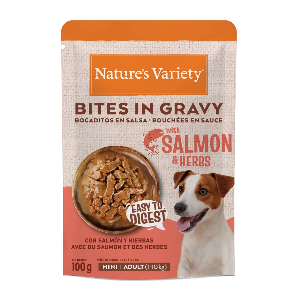 Nature's Variety Dog Bites in Gravy Mini Salmón y Hierbas Comida Húmeda para Perros 100g al mejor precio -todoastorenimal.com