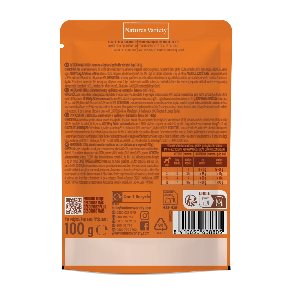 Nature's Variety Dog Bites in Gravy Mini Salmón y Hierbas Comida Húmeda para Perros 100g al mejor precio -todoastorenimal.com
