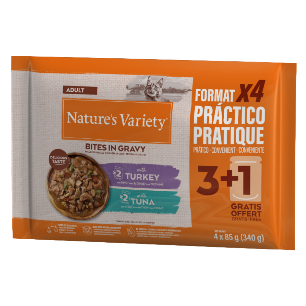 Nature's Variety Pack 4 Bocaditos en Salsa con Pavo y Atún 85 g Comida Húmeda para Gatos al mejor precio -todoastorenimal.com