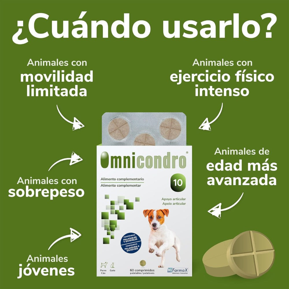 Omnicondro 10 | 60 comprimidos | Condroprotector para Perros, Gatos y Cachorros con Glucosamina y Condroitina | Suplemento Nutricional para Reforzar Articulaciones | Hifarmax al mejor precio -todoastorenimal.com