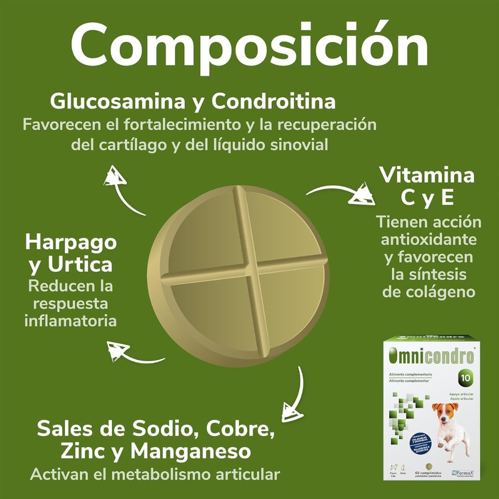 Omnicondro 10 | 60 comprimidos | Condroprotector para Perros, Gatos y Cachorros con Glucosamina y Condroitina | Suplemento Nutricional para Reforzar Articulaciones | Hifarmax al mejor precio -todoastorenimal.com