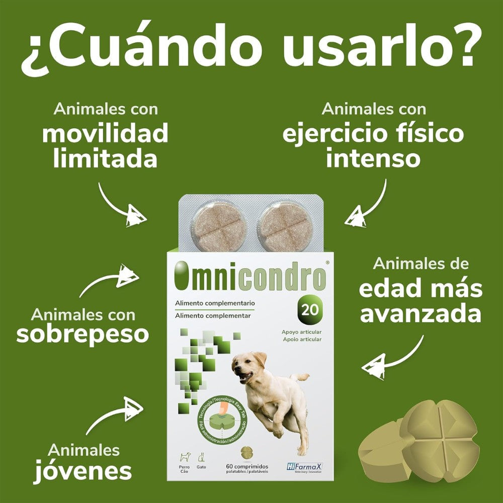 Omnicondro 20 | 60 comprimidos | Condroprotector para Perros y Gatos con Glucosamina y Condroitina | Suplemento Nutricional para Reforzar Articulaciones | Hifarmax al mejor precio -todoastorenimal.com