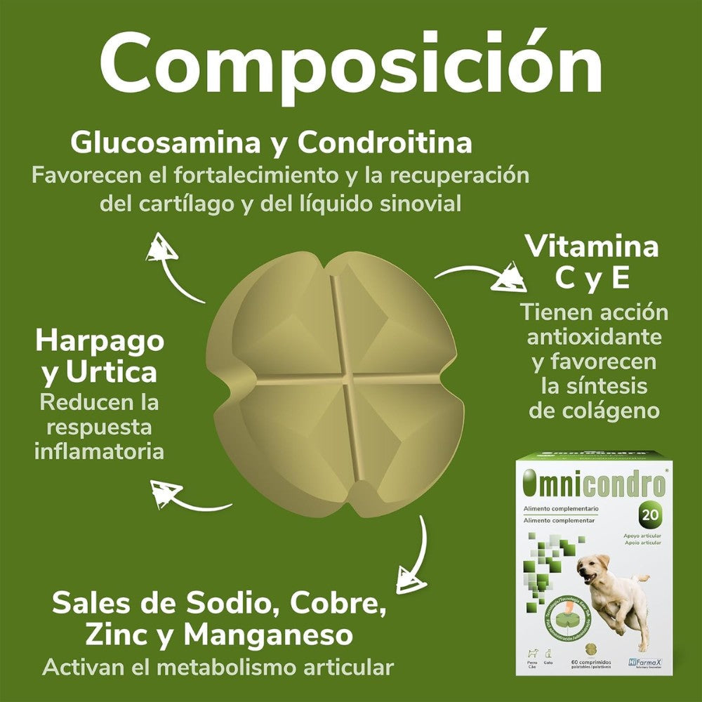 Omnicondro 20 | 60 comprimidos | Condroprotector para Perros y Gatos con Glucosamina y Condroitina | Suplemento Nutricional para Reforzar Articulaciones | Hifarmax al mejor precio -todoastorenimal.com