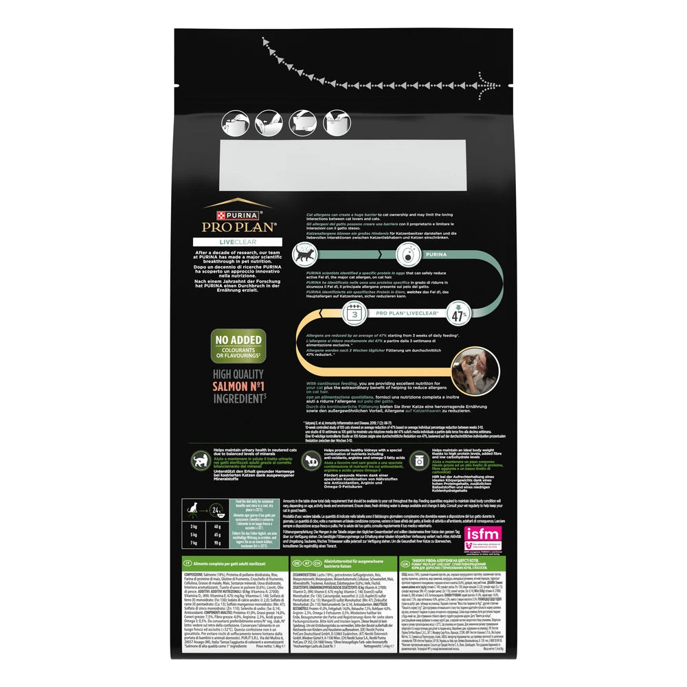 Pro Plan LiveClear Sterilised Adult Salmón Pienso Reduce Alérgenos sobre el Pelo del Gato al mejor precio -todoastorenimal.com