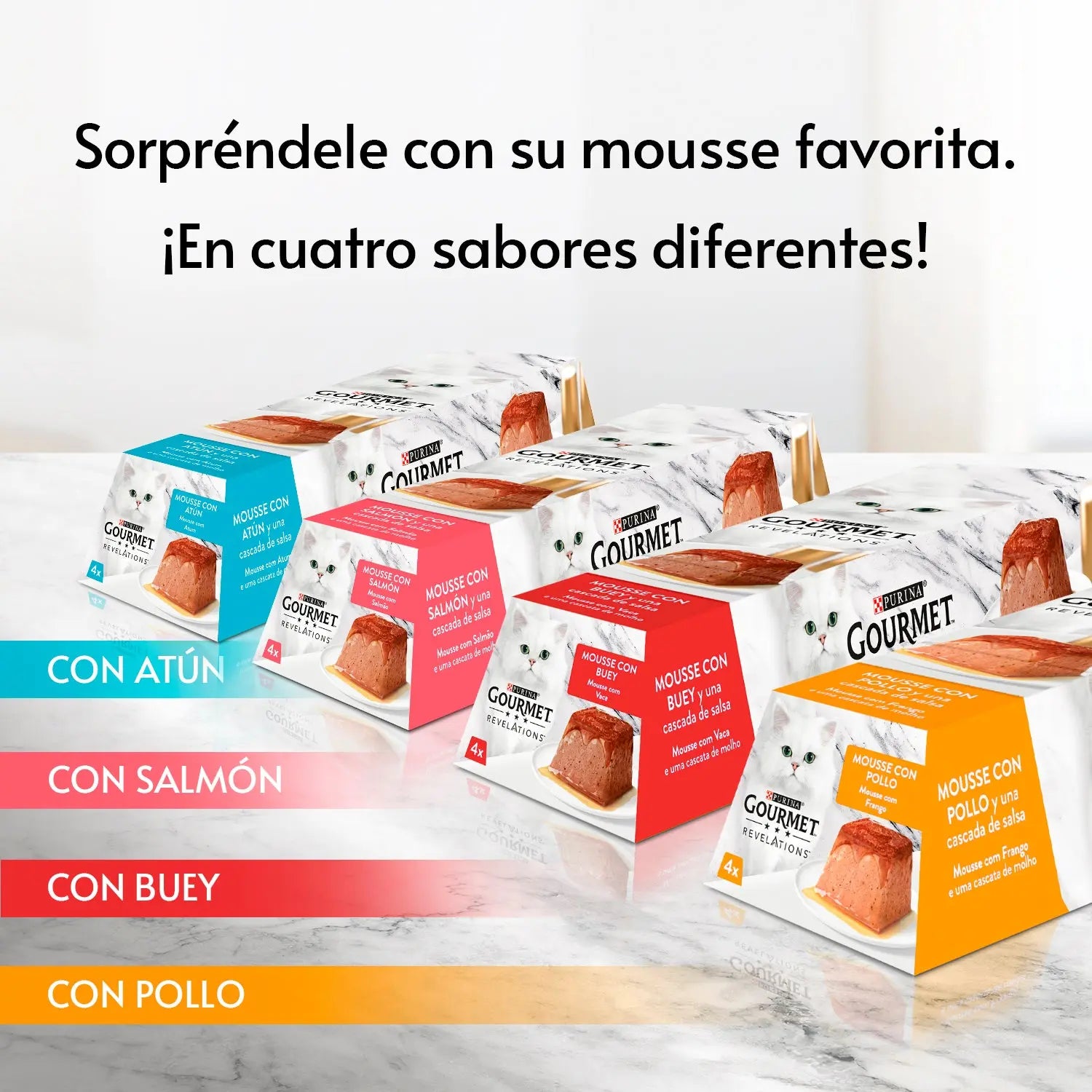 Purina Gourmet Revelations Pirámides Mousse para Gatos Pack 4x57 g al mejor precio -todoastorenimal.com